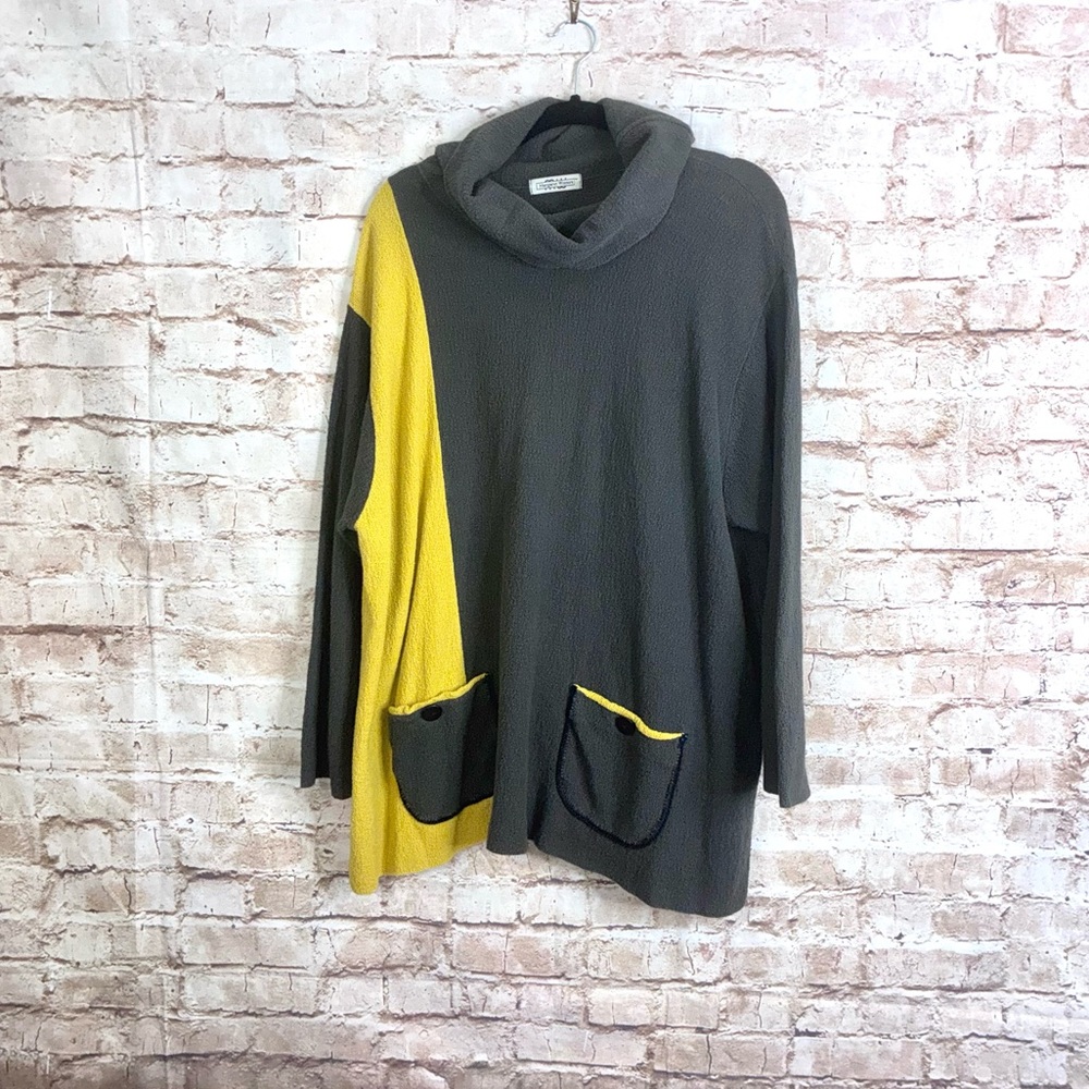 Margaret Winters Colorblock Cowl Neck Lagenlook Sweater in Gray Yellow Size 2X